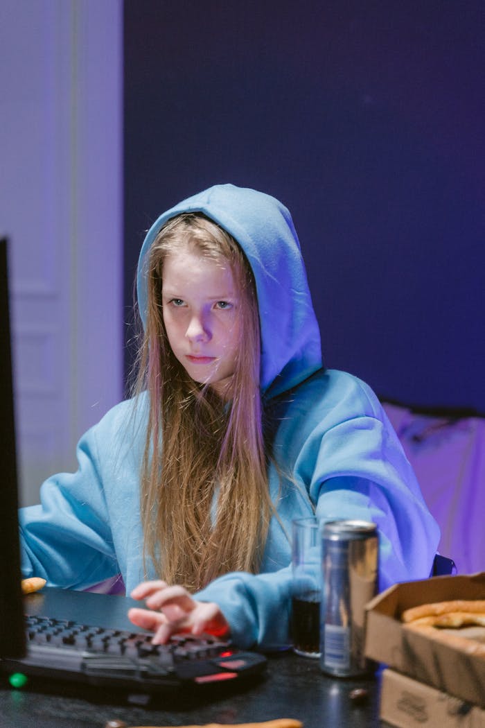 Service Teen girl focused on computer game wearing hoodie indoors, symbolizing modern gaming leisure.